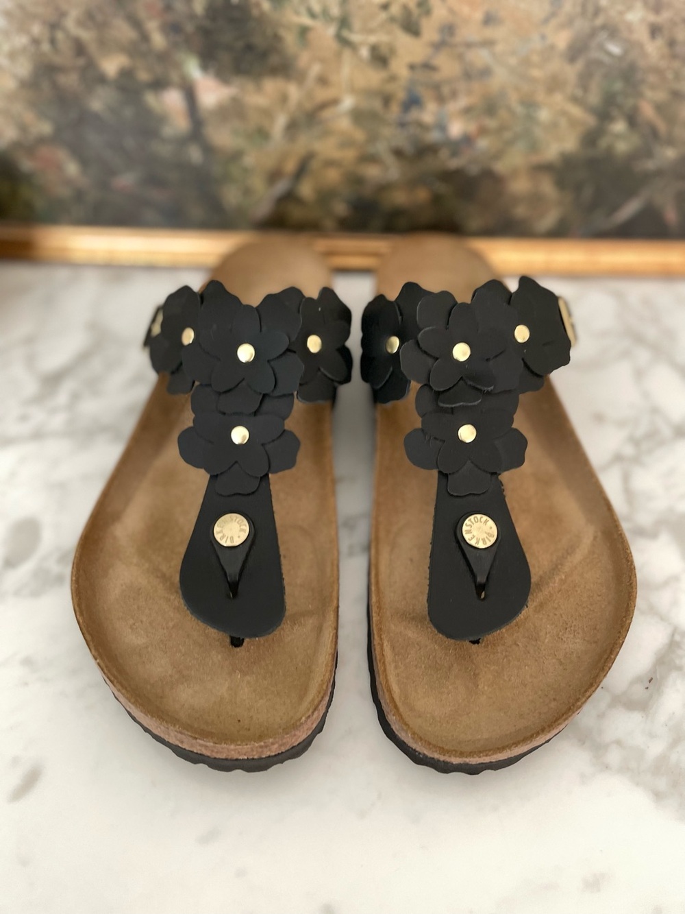 Anthropologie Birkenstock Gizeh Floral Black Size 39 Regular Width